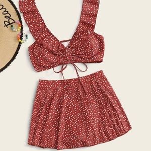 Polka Dot Drawstring Ruffle Skirt Bikini Swimsuit